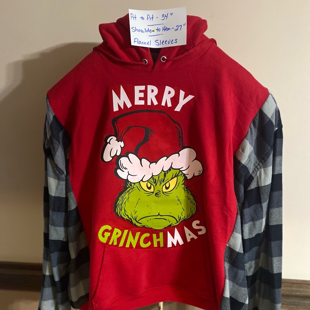 Merry Grinchmas Red Hoodie with Plaid Sleeves size XL